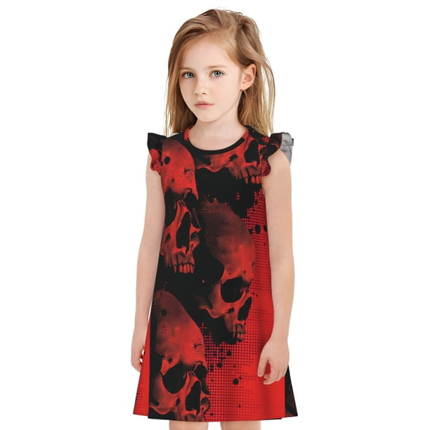 Balery Red And Black Abstract Skull Camisón de princesa para niñas, pijama de algodón con mangas abullonadas, suave y bonito.-Small