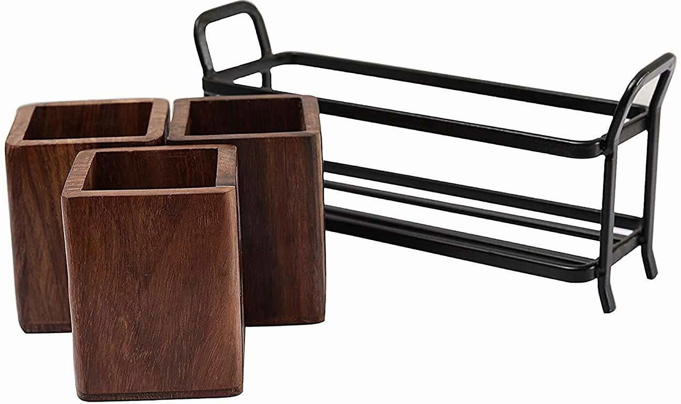 Wooden and Iron Cutlery Holder Set of 3 – Multipurpose Spoon Stand & Utensils Organizer for Dining Table and Kitchen