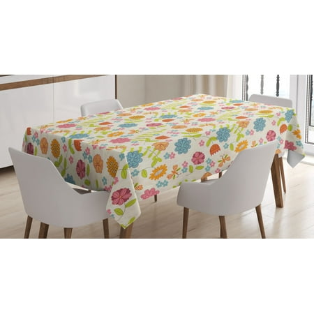 

Spring Tablecloth Hand Drawn Doodle Tulips and Daisy Petals Composition Designed with Butterflies Rectangular Table Cover for Dining Room Kitchen 60 X 90 Inches Multicolor by Ambesonne