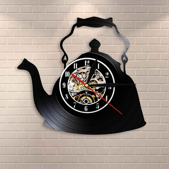 YanGxx Modern Kitchen Artwork Teapot Wall Clock Tea Room Wall Decor Teapot Retro Vinyl Record Wall Clock Kitchen Decorative Wall Watch
