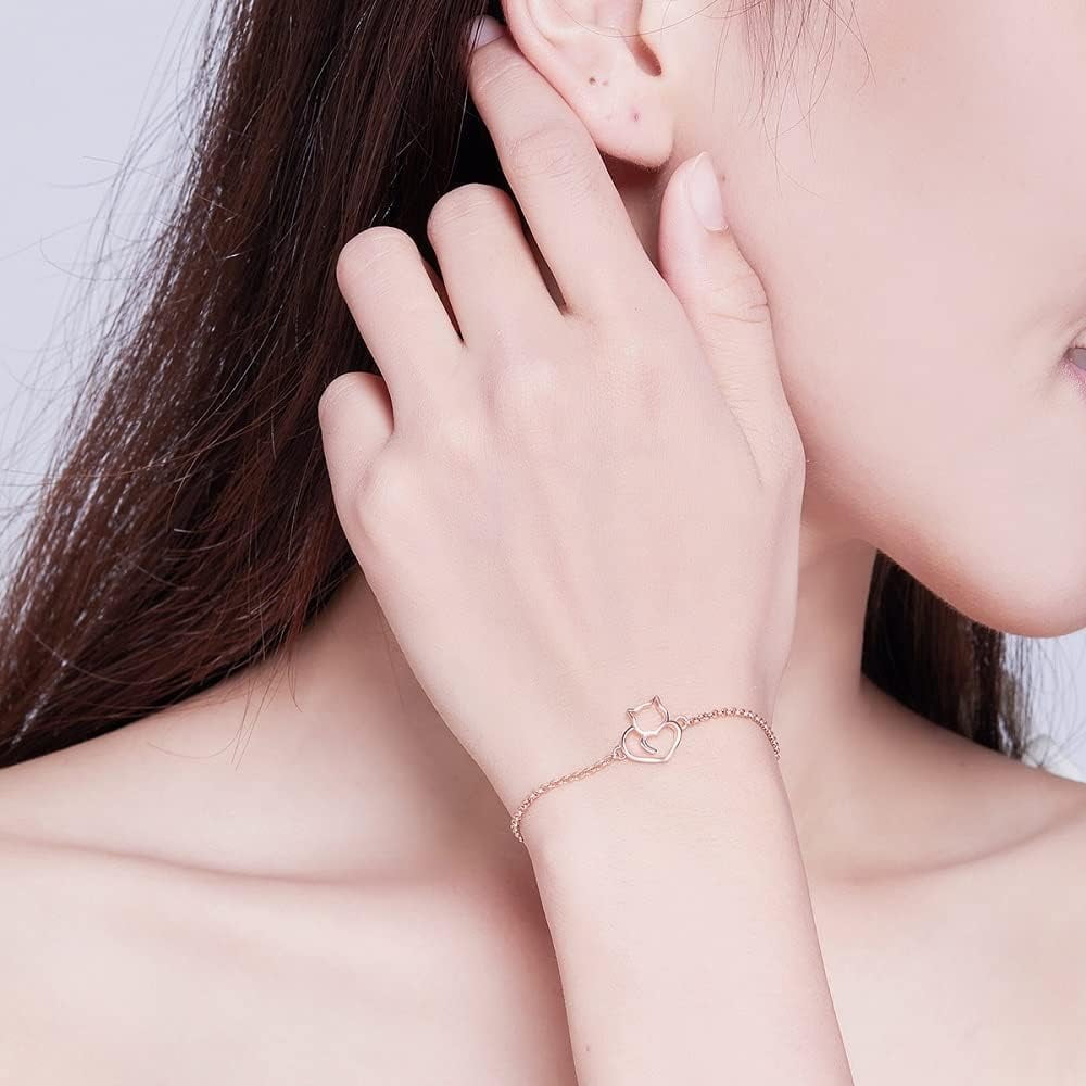 925 Sterling Silver Chain Bracelet with Cat Love Heart Charm Adjustable Plated Gold Bracelets with Chain Length 6.5in-7.9in, Best Jewelry Gift for Girls Women Cat Lovers