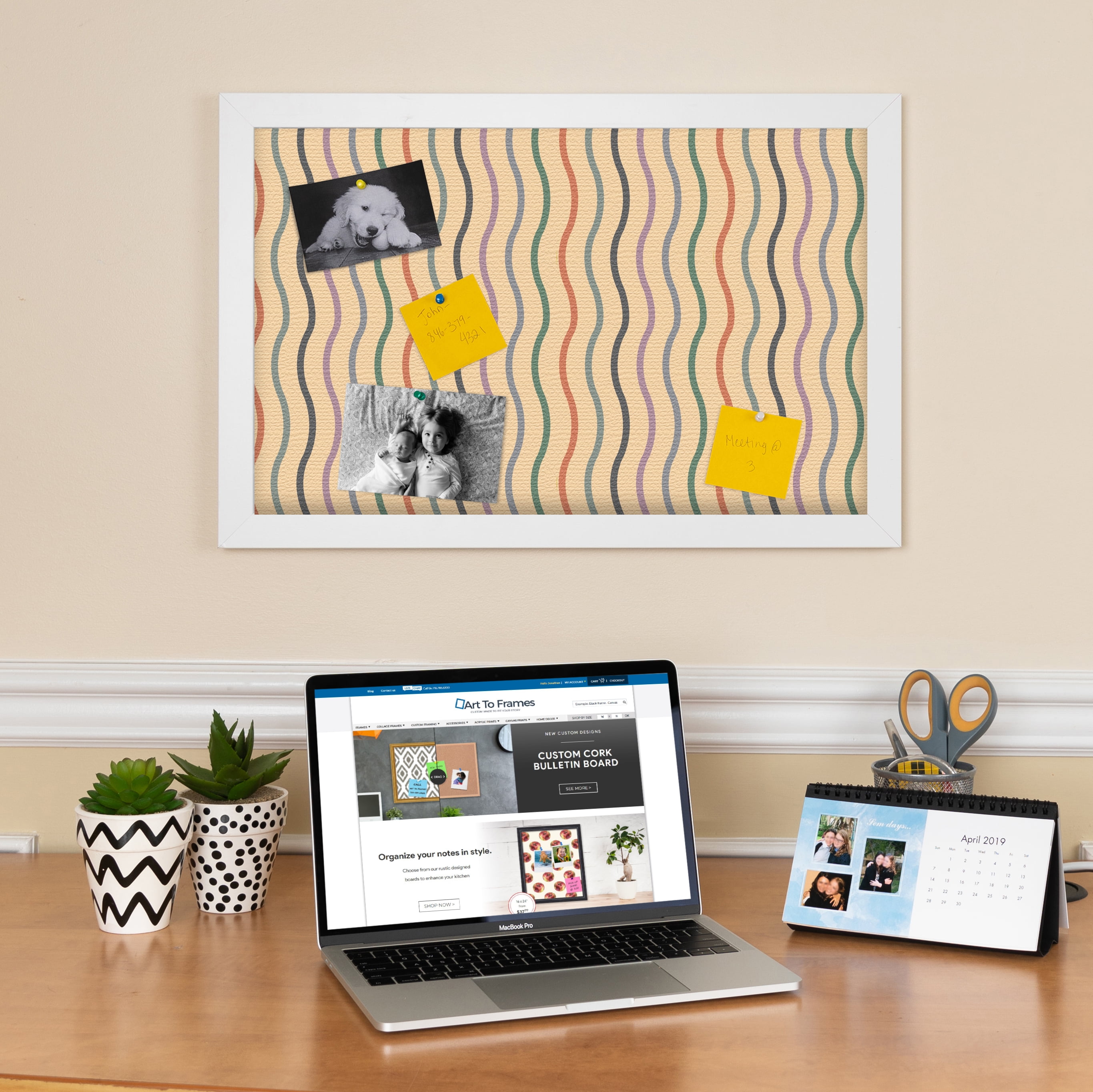 PinPix 16x12 Custom Cork Bulletin Board Multi Color Waves Poster Board Has a Fabric Style Canvas Finish, Framed in Multi Color Waves, by ArtToFrames (PinPix-565)