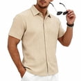 thumbnail image 5 of Domzest Men's Collared Shirts Short Sleeve Button Down Shirt Summer Casual Striped Textured Beach Shirt Khaki 2XL, 5 of 8