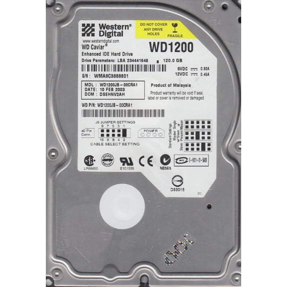 WD1200JB-00CRA1, DCM DSEHNV2AH, Western Digital 120GB IDE 3.5 Hard Drive