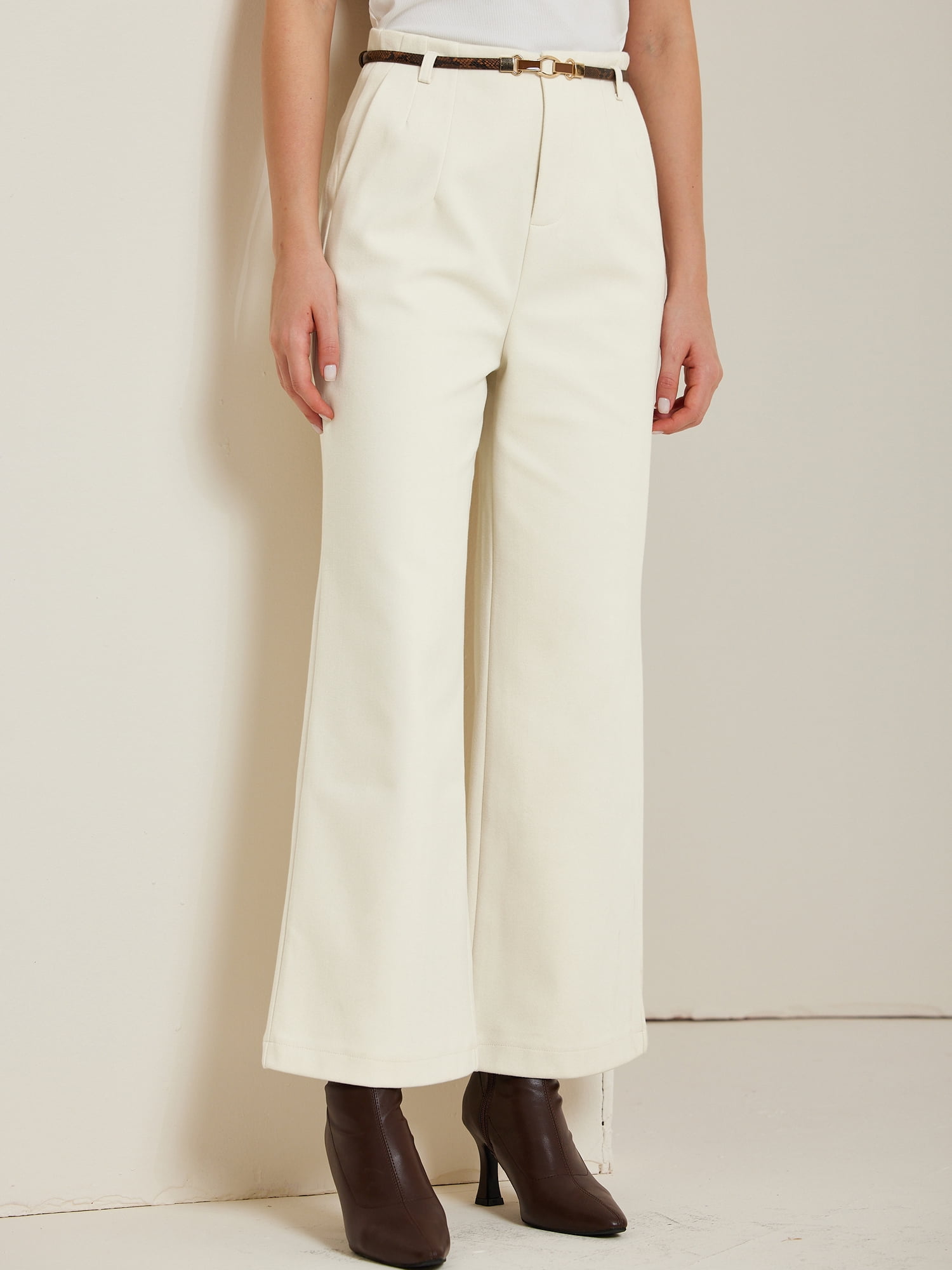 DARING DIVA Women's Wool-Blend High Waist Wide Leg Trousers with Pockets XL White