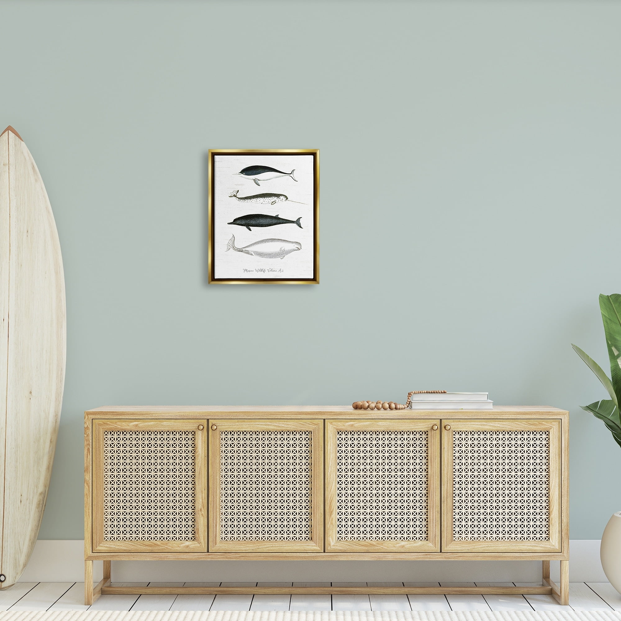 Stupell Industries Nautical Sea Life Whales Narwhal Marine Drawings Graphic Art Metallic Gold Floating Framed Canvas Print Wall Art, Design by Lettered and Lined