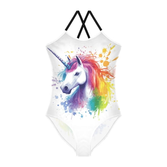 Girls' One-piece Swimsuit Cross Back Bathing Suit Beach Surfing Sizes 3T-10T Rainbow-colored Unicorn