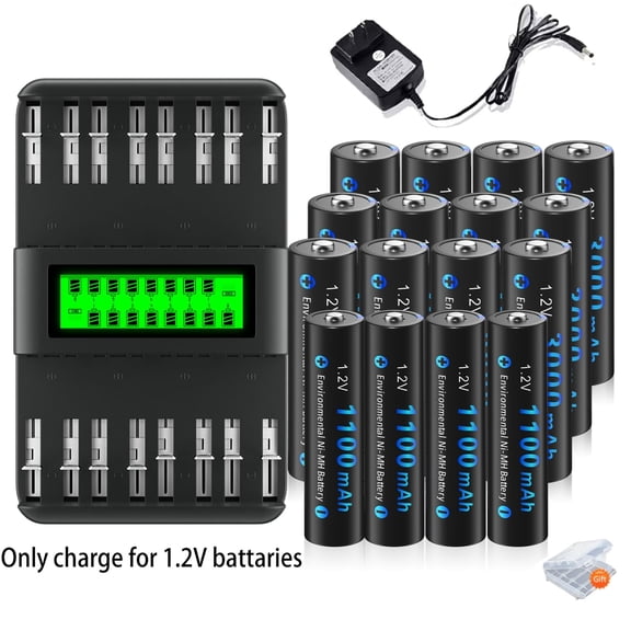 4 AAA 1100mAh Batteries and 12 AA 3000mAh 1.2v Ni-MH Rechargeable Batteries with 16 Slots Intelligent Fast LCD Indicator USB Battery Charger For 1.2V AA AAA C D Size Ni-MH Batteries