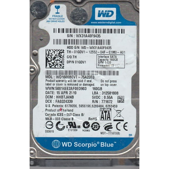 WD1600BEVT-75A23T0, DCM HHBTJANB, Western Digital 160GB SATA 2.5 Hard Drive