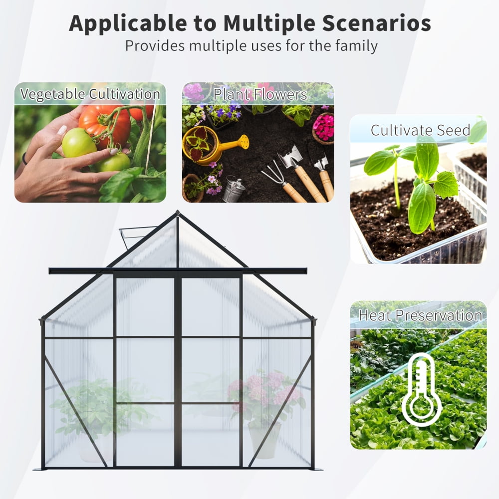 8x10FT Double Door Polycarbonate Greenhouse - Heavy-Duty Walk-In Design with Raised Base and Anchors. Perfect for Year-Round Gardening in Your Backyard. Stylish Black Finish for Every Season