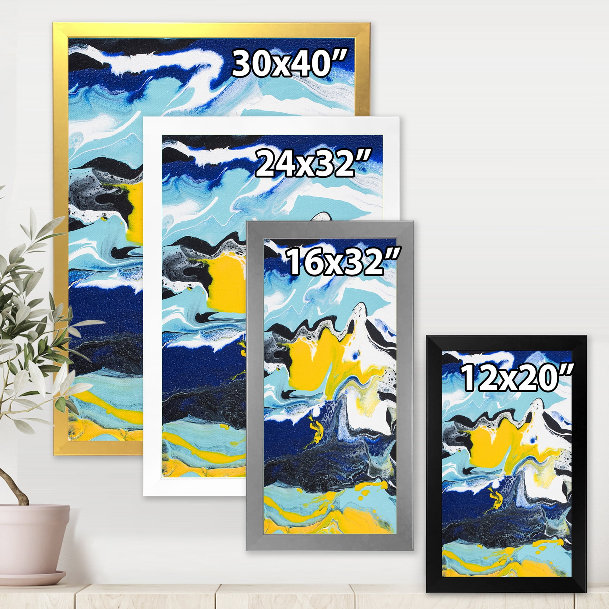 Designart 'Abstract Marble Composition In Blue and Yellow II' Modern Framed Art Print