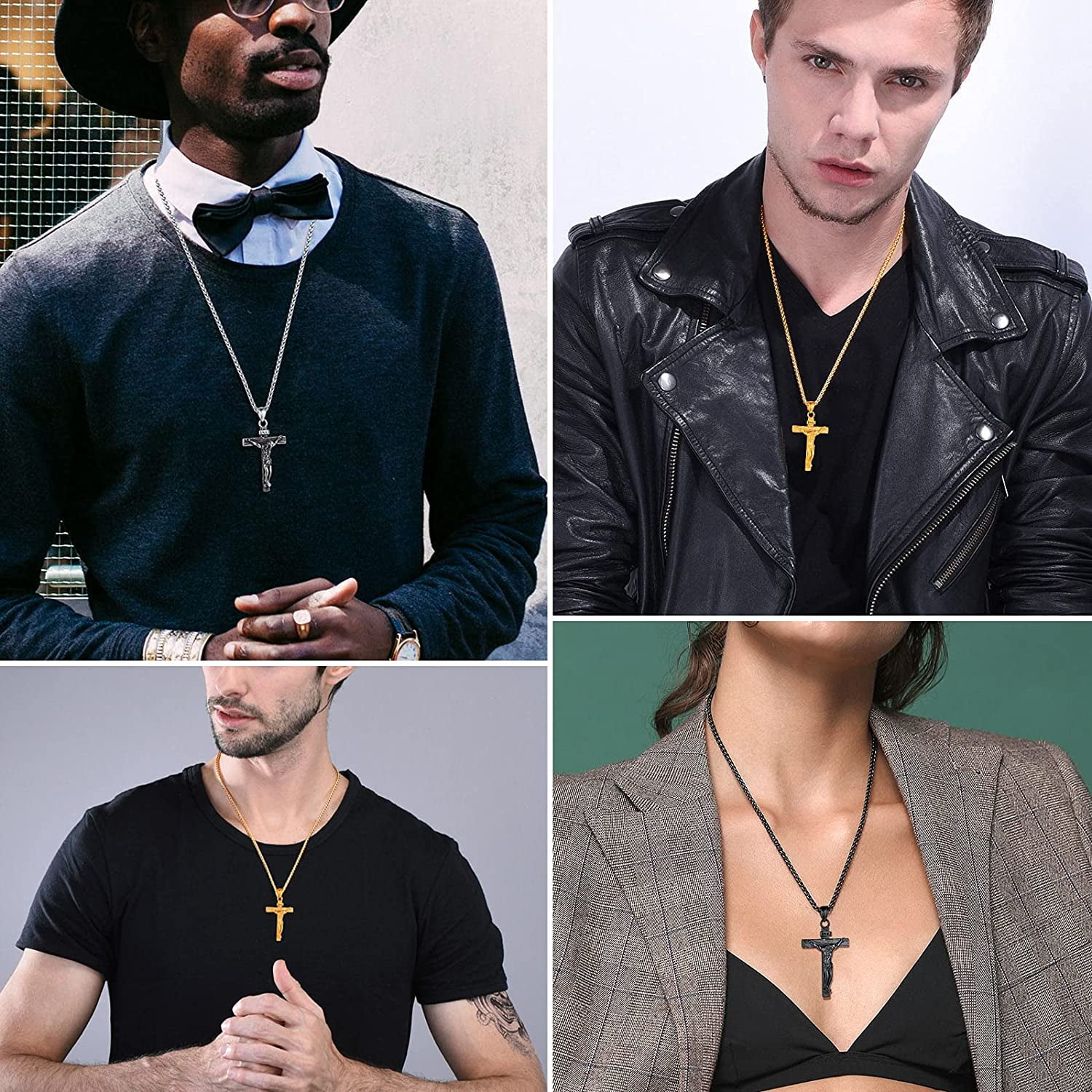 FindChic Men Cross Necklace Christian Crucifix Jewelry Stainless Steel Pendant Chain Jesus Christ Lord's Prayer Pendant with 22inch,Thanksgiving Day Gift Chain