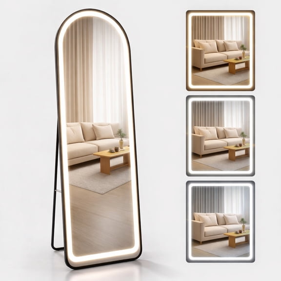 Espejo De Piso Cuerpo Completo De Pared Arqueado con Luz Led de 3 Tonos Decorativo con Soporte y Marco para Dormitorio Sala Comedor o Cuarto de 143cm