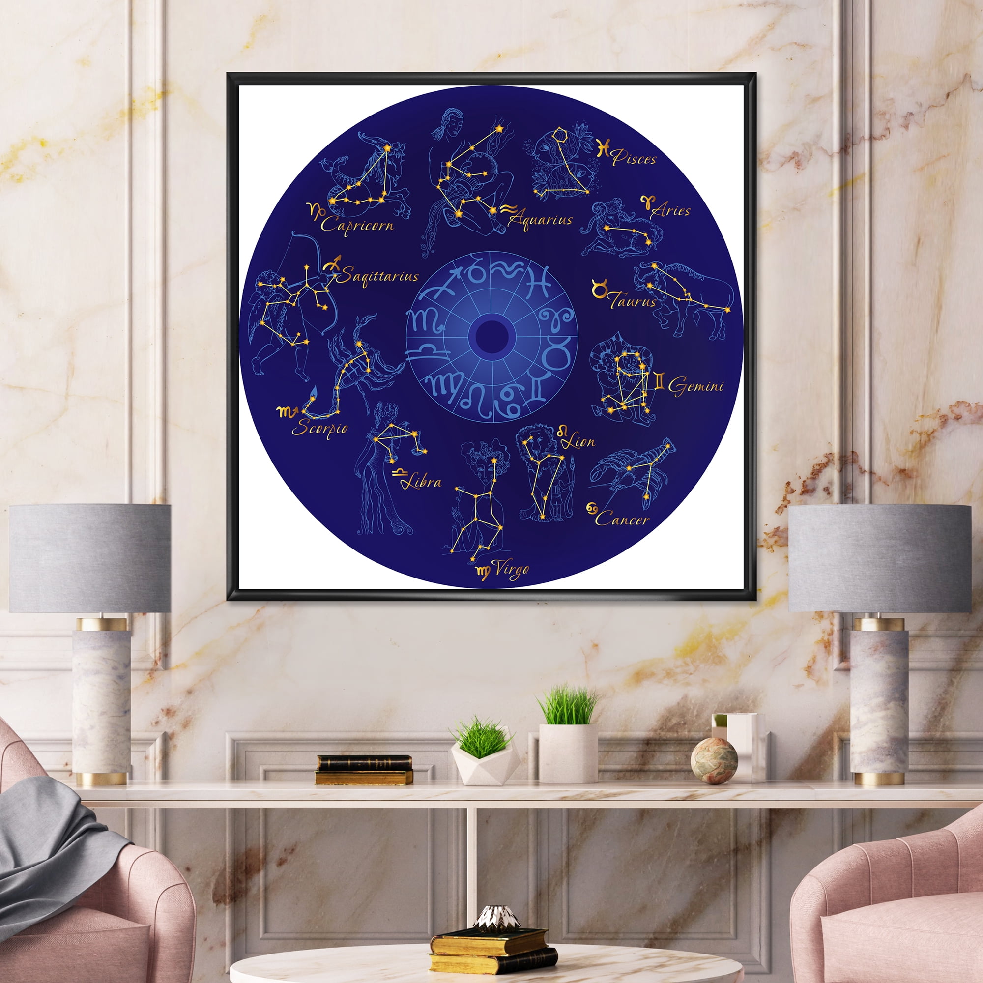 Designart 'Zodiac Signs and Zodiac With Constellations' Modern Framed Canvas Wall Art Print