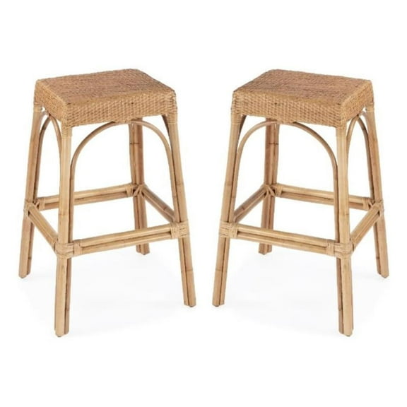 Home Square 30" Rectangular Rattan Bar Stool in Natural - Set of 2