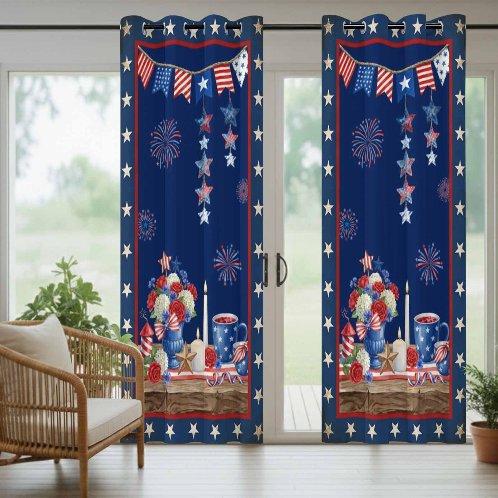 Independence Day Outdoor Curtains for Patio, Retro Red Blue USA Flag Floral Star Dark Blue Sunshade Privacy Drapes Grommet Waterproof Outside Curtains for Porch/Cabana/Balcony 54"x 108", 1 Panel
