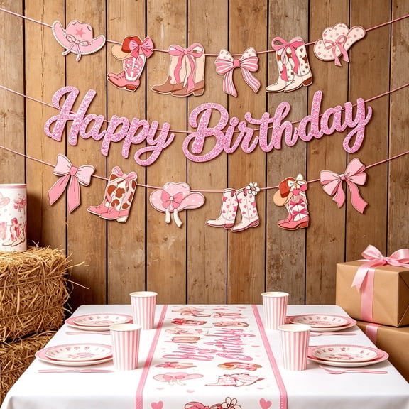 Pink Cowboy Boots Birthday Banner - Sweet & Retro Western Theme Party Decoration Set