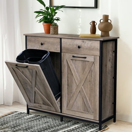LAZY BUDDY Double Tilt Out Trash Cabinet, 20 Gallon Storage Cabinet with Hideaway Drawer, Free Standing Laundry Hamper Kitchen Trash Can Holder, Gray