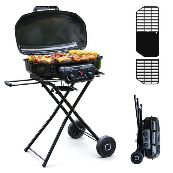 2 Burner Propane Gas Grill with Dual Cooking Surfaces, Porcelain Grate & Extra Griddle, Push-Button Ignition, Foldable Portable BBQ with Wheels for Backyard Patio Camping