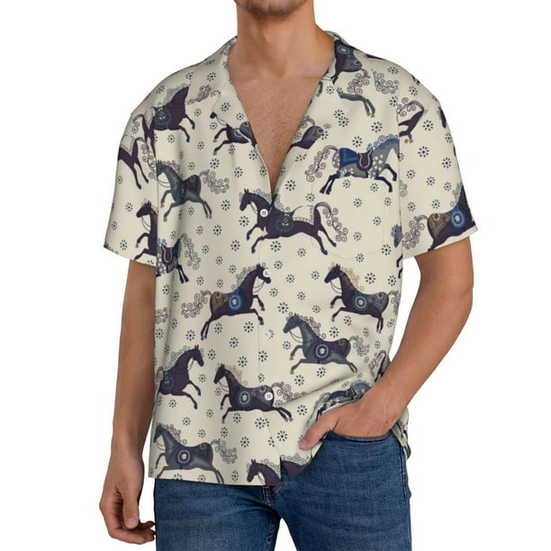 Fotbe Horse Camisa Estampada de Manga Corta para Hombre, Casual de Verano, Estilo Playero, Sin Arrugas-Small