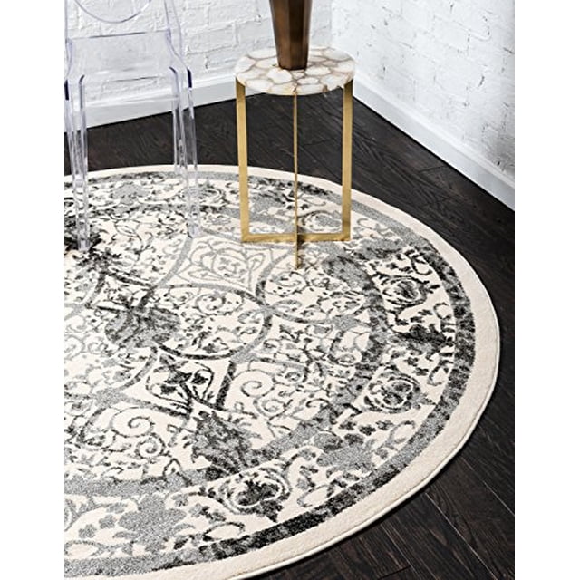 Unique Loom La Jolla Collection Tone Traditional Round Rug, 6 Feet, Gray/Ivory
