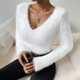 thumbnail image 6 of Felirenzacia Women's Fuzzy Plush Sweatshirt, Fluffy V Neck Long Sleeve Y2K Cropped Pullover Tops, Fall Winter Furry Slim Fit Shirt, S-XL, 6 of 7