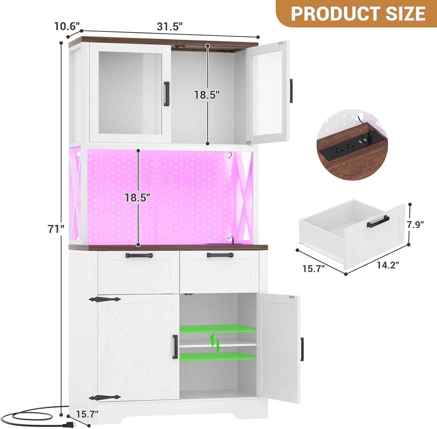 71" Tall Pantry Cabinet with Outlets and LED Light, Homieasy 5-Layer Storage Cabinet with 2 Drawers and DIY Pegboard for Kitchen, Dining, Living Room, Garage, White & Rustic