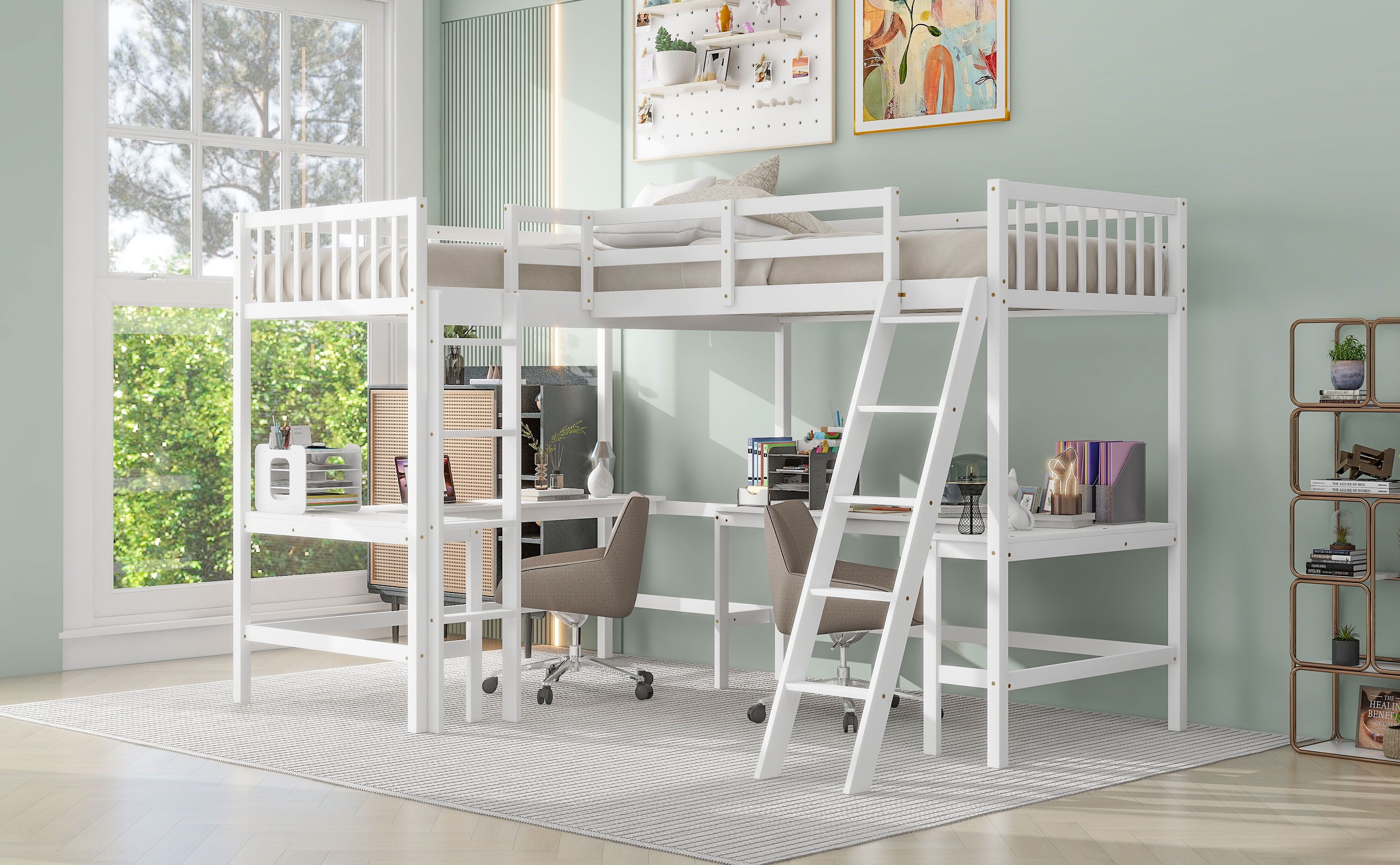 MAYEERTY Wood Twin Size L-Shaped Loft Bed with Ladder and 2 Built-in L-Shaped Desks, White