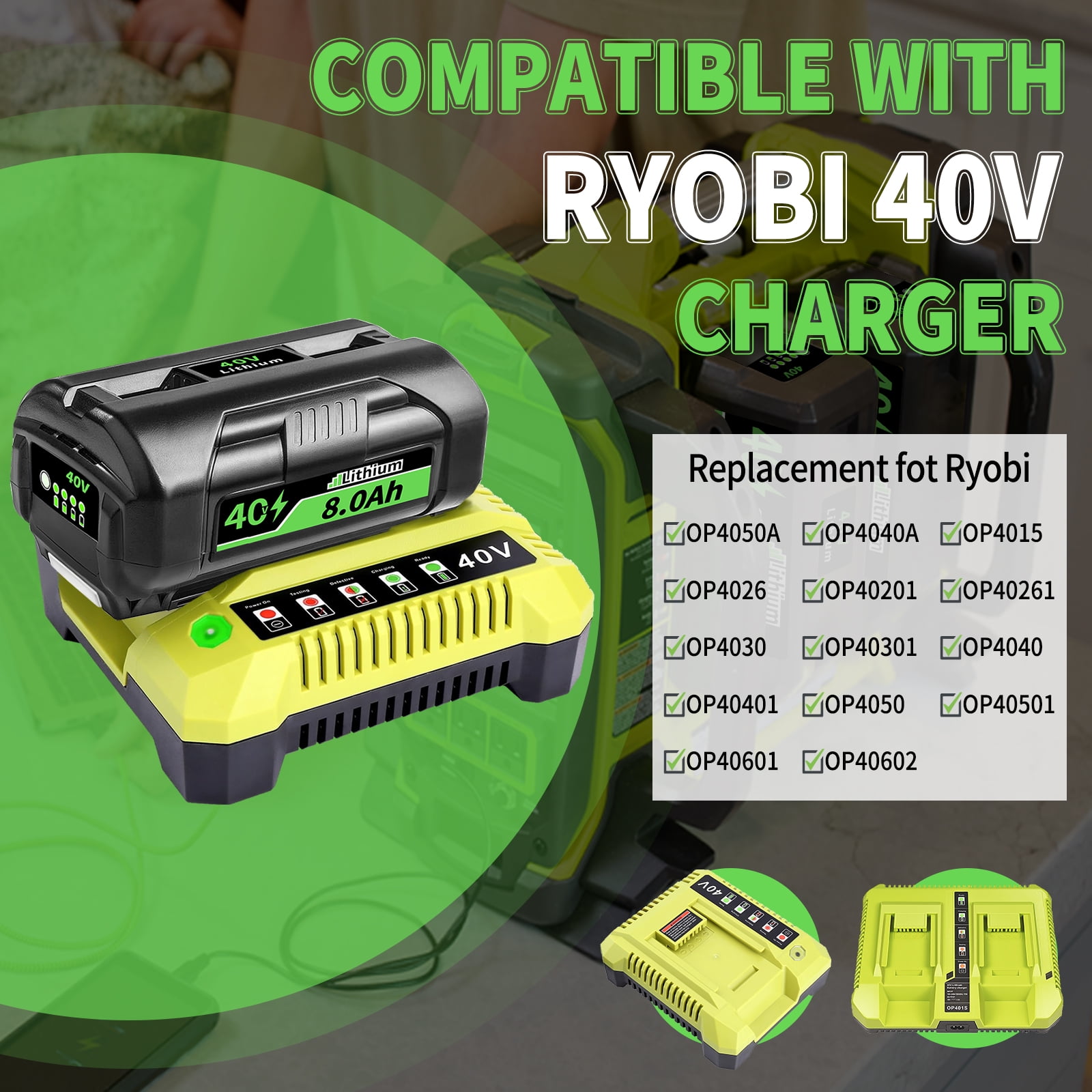 1 Pack 40V 8.0Ah Replacement for Ryobi Battery Compatible with Ryobi 40v Battery Fits for Ryobi Battery 40v OP4060 OP4015 OP4026 OP40201 OP40261 OP4030 OP4040 OP40401 OP4050 OP40501 Fast Charging