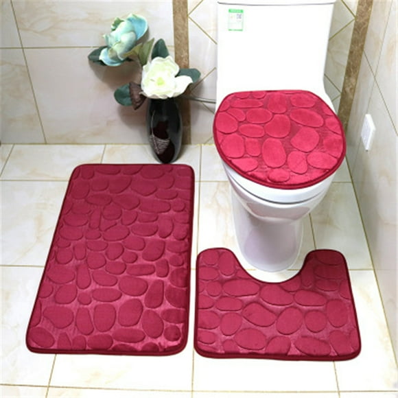 Nvzi Juego de alfombrillas de baño con relieve de guijarros, juego de tres piezas para inodoro, alfombrillas de baño absorbentes, limpiables y reutilizables para ducha (rojo vino).