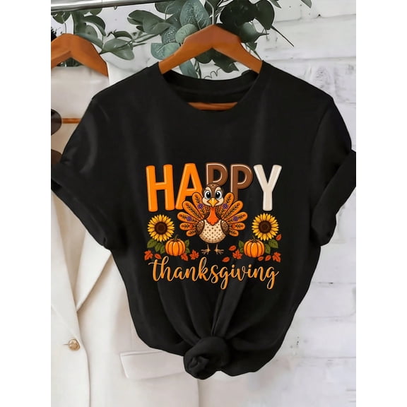 Women Festive Thanksgiving Short Sleeve Tee, Happy Thanksgiving Turkey Sunflower Pumpkin Print Round Neck Casual Autumn T‑Shirt