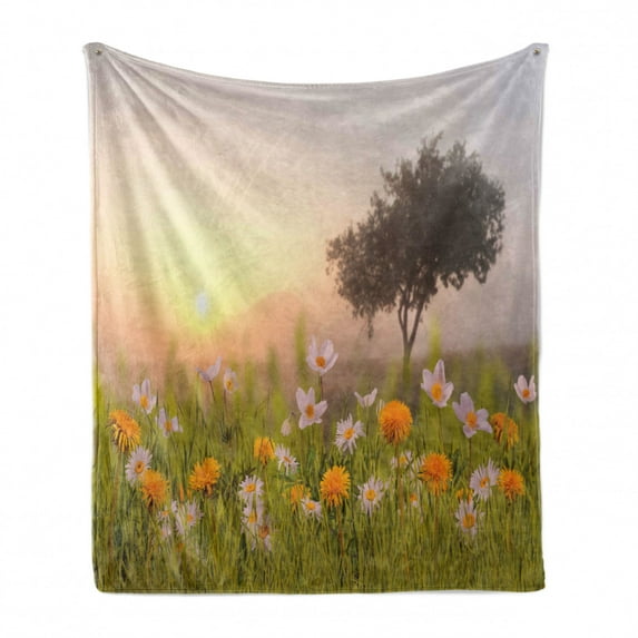 Nature Soft Flannel Fleece Throw Blanket, Daisy Flowers Meadow with Tree Background in Mist Ecp Garden Botany Fresh Scenery, Cozy Plush for Indoor and Outdoor Use, 60" x 80", Multicolor, by Ambesonne
