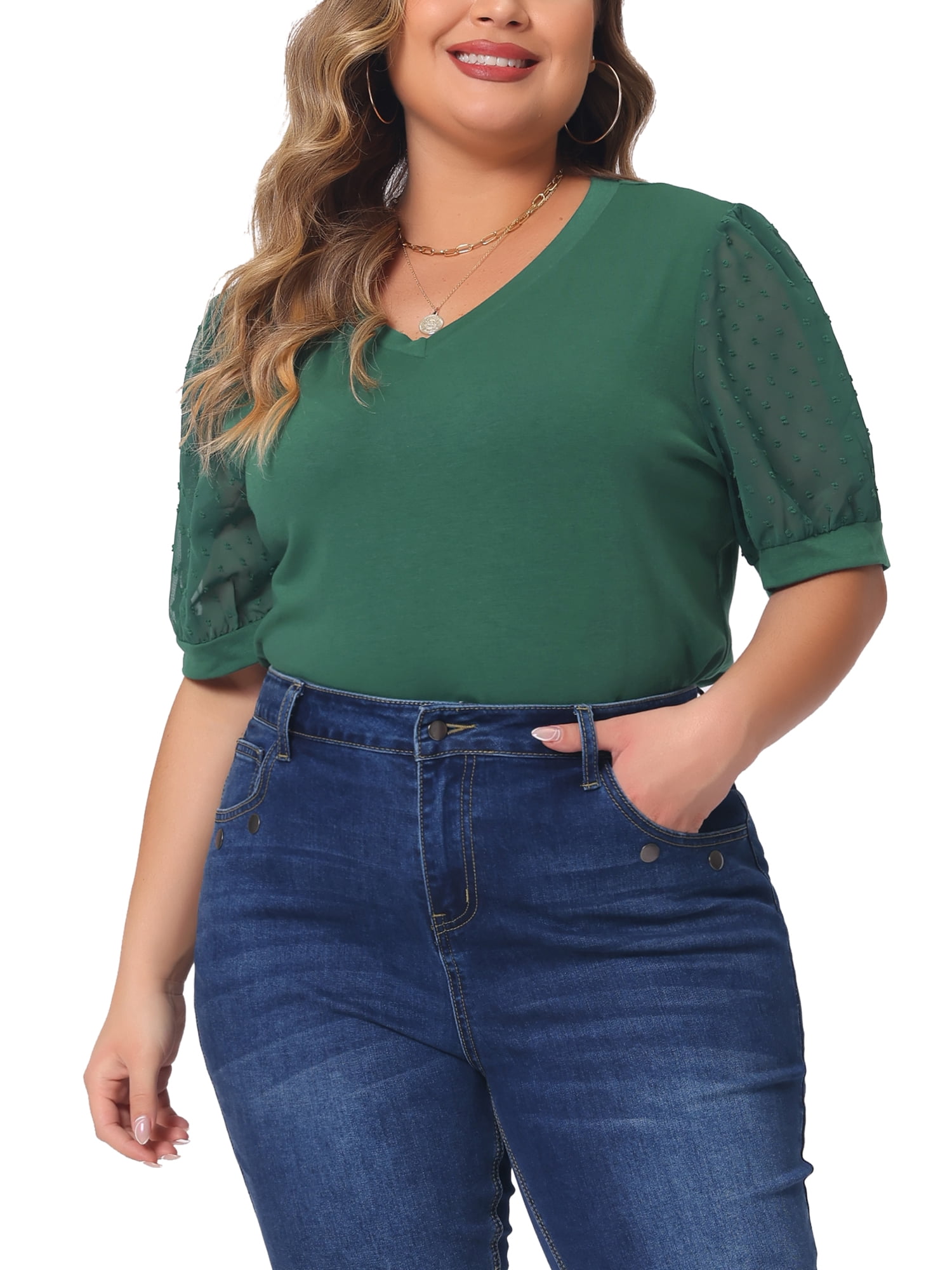 Women's Plus Tops V Neck Swiss Dots Puff Sleeve Casual Blouse Shirt 2X Green