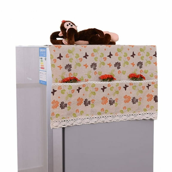 AUQ Fridge Dust Cover,Natural Linen Material Refrigerators Cover,Easy to Clean Washing Machine Top Cover,Yellow