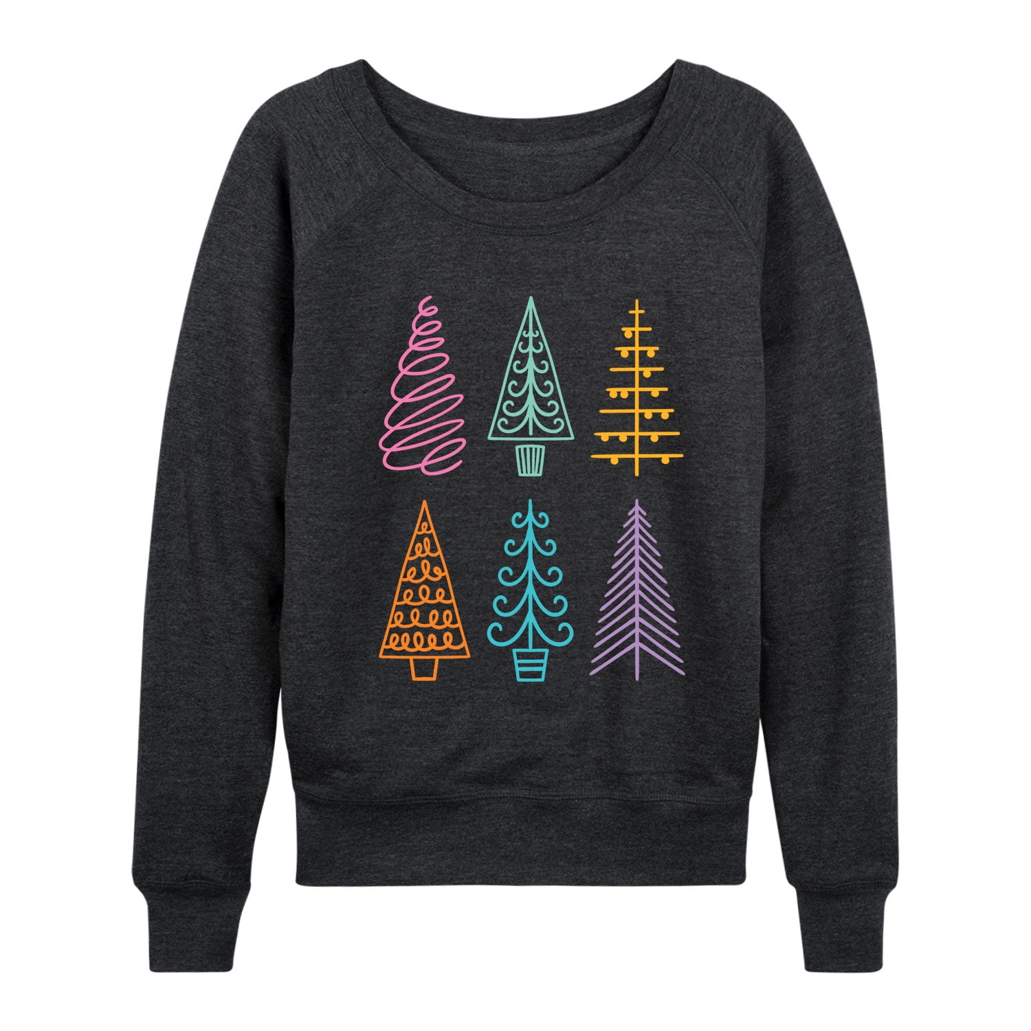 Instant Message - Colorful Christmas Tree Grid - Women's Lightweight Terry Pullover, Size: 1XL, Gray