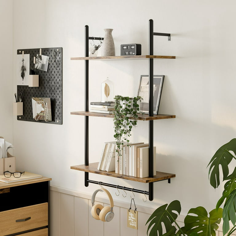 Bestier 38 inch Wall Mounted Floating Shelves with Towel Bar & Hooks  Bookshelf in Rustic 