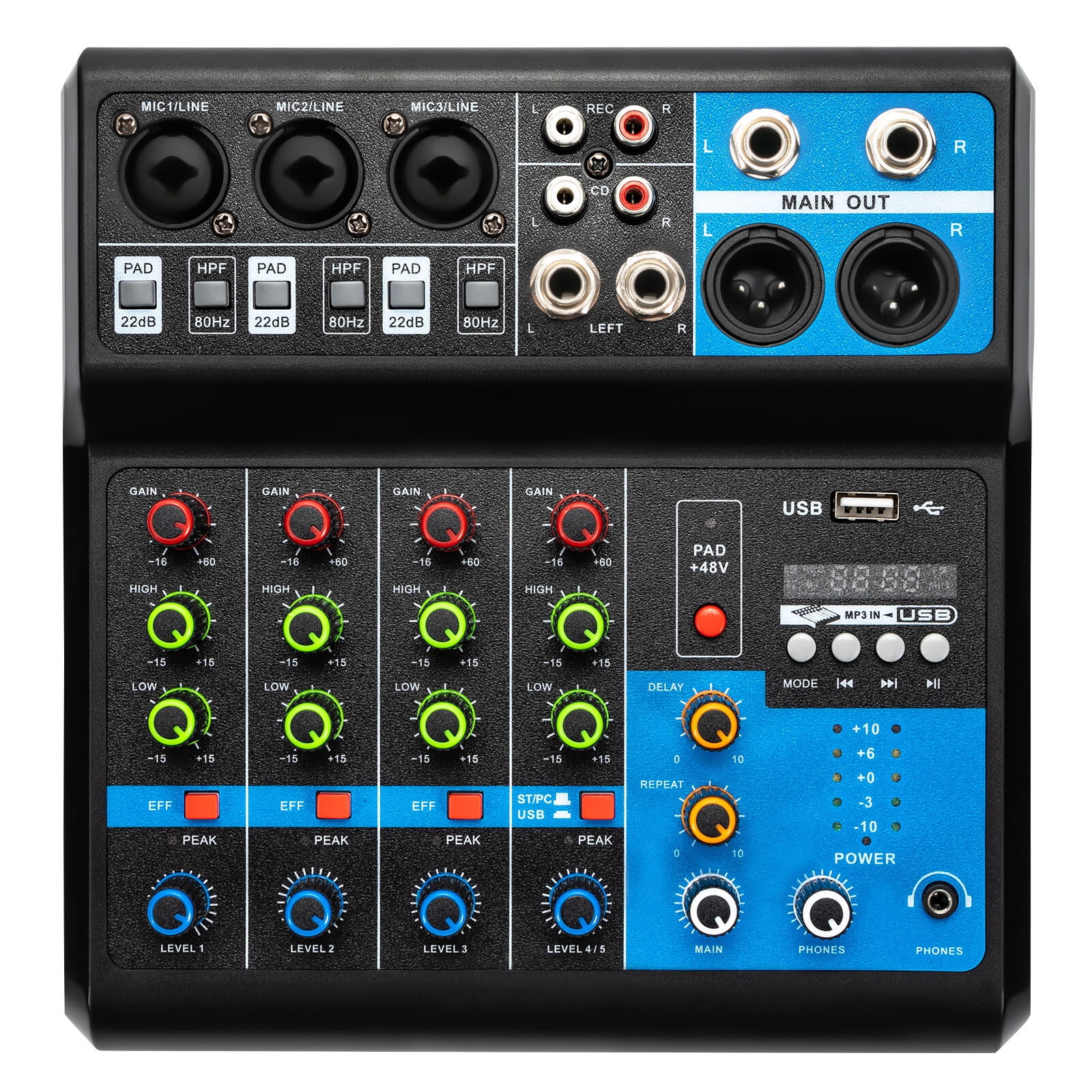 5 Channels Mini Audio DJ Mixer Sound Board Console System DJ Studio Streamingantom Power with Lotus Interface&USB Slot