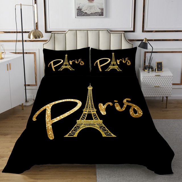 Erosebridal Golden Eiffel Tower Coverlet Set King,Romatic Glitter Bedding Set,Valentine'S Day Decorative,Breathable,3 Pieces