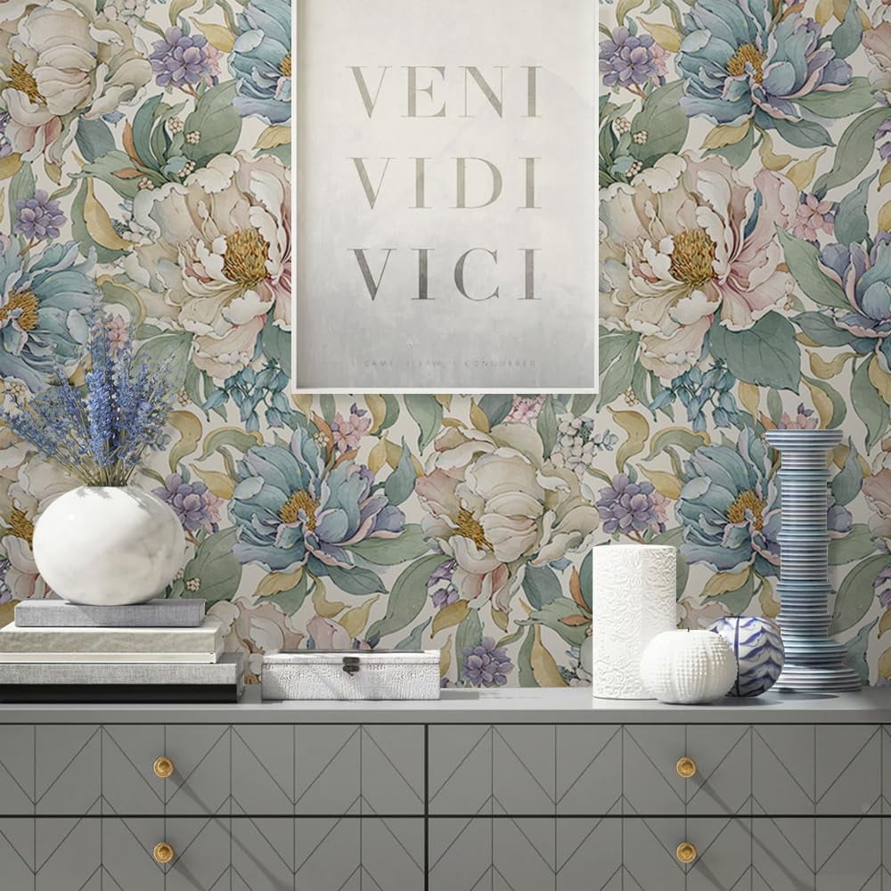 Dreamy Peonies Floral Vintage Roses Beige/Olive Peel and Stick Wallpaper Self Adhesive Removable Easy Peel Off Contact Paper Stick on Wall Paper for Bedroom/Renter