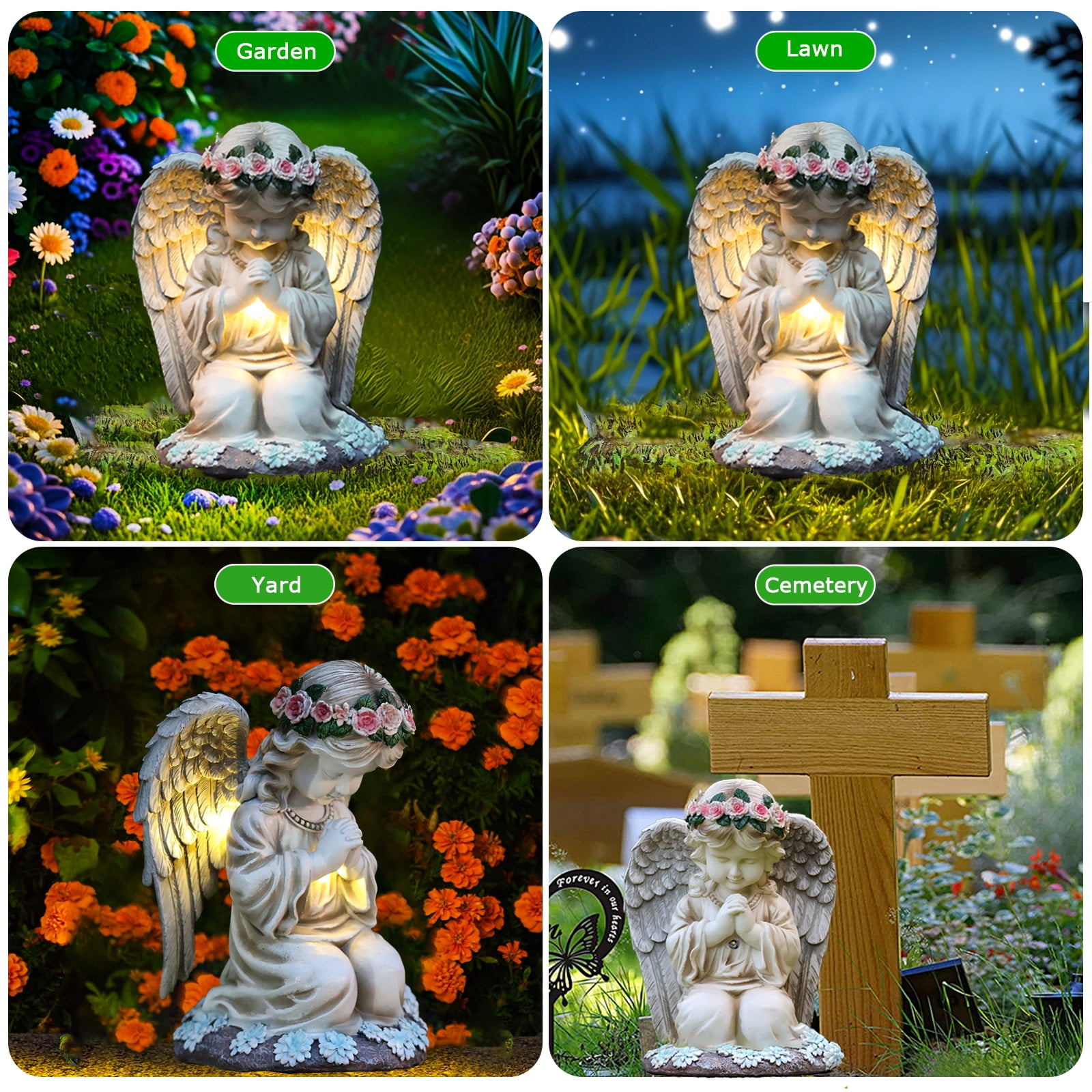 Solar Angel Garden Statue Outdoor, Resin Angel Statues Solar Figurine Lights Outdoor Waterproof, Angel Sculpture for Outside Garden Yard Patio Grave Cemetery Decor, Sympathy Memorial Gift