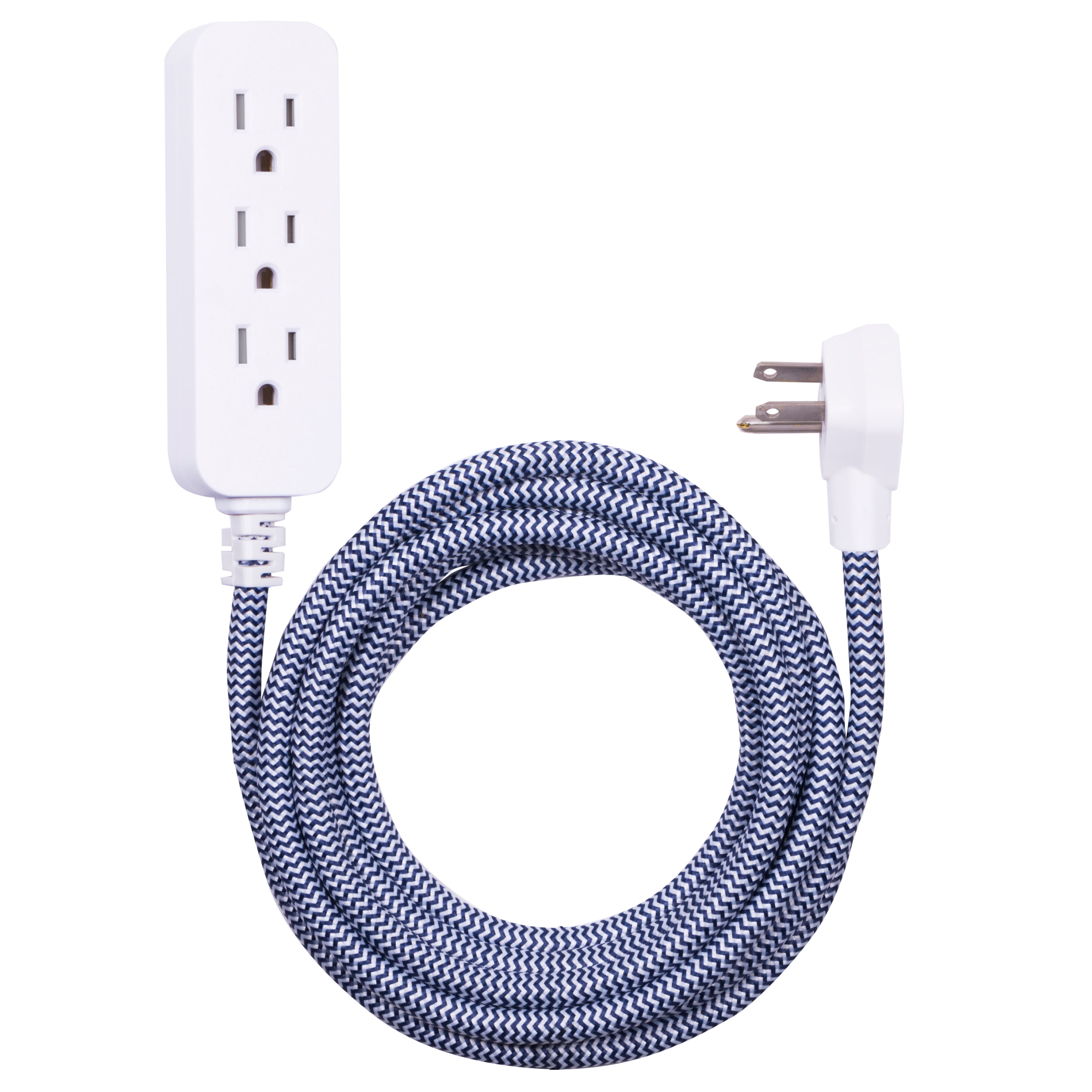 37914 10 ft Low-Profile Plug with Tamper Resistant Safety Outlets Gray Braided Décor Fabric Cord Cordinate Designer 3-Outlet Extension Cord with Surge Protection 
