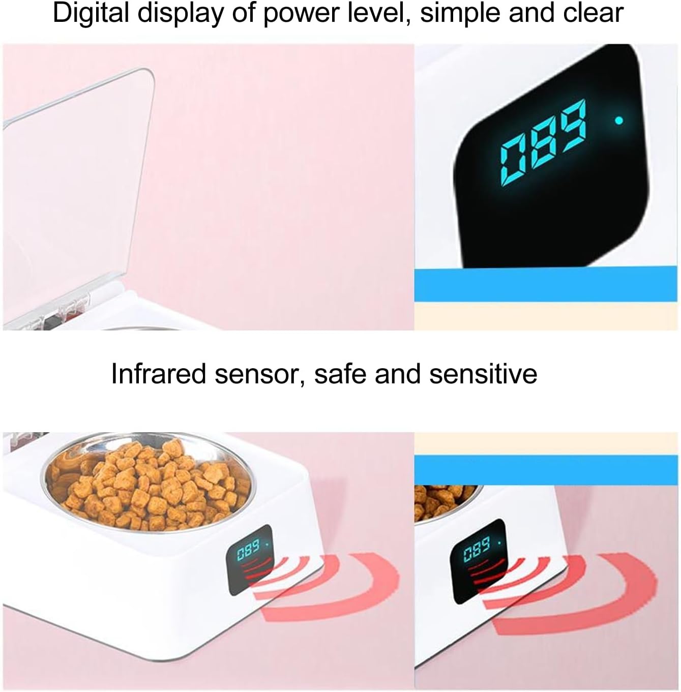 Infrared Sensor Automatic Cat Feeder with Removable Stainless Steel Bowl and Rechargeable Battery for Dogs and Cats
