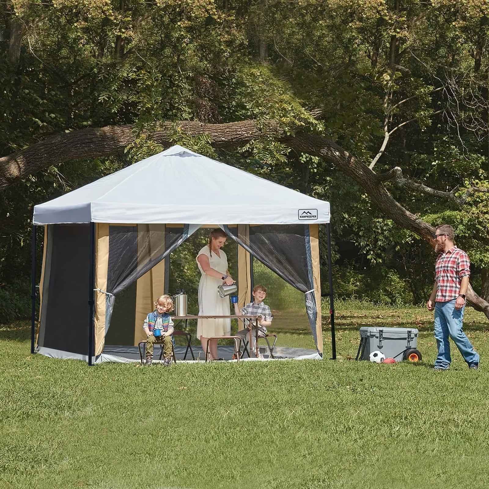 Canopy Universal Mosquito Netting Tent, Converts 10'x10' Canopy Gazebo into Camping Inner Tent, Screen House with Full PE Floors for Patio, Outdoor, Garden (TOP & Frame NOT Included) Khaki