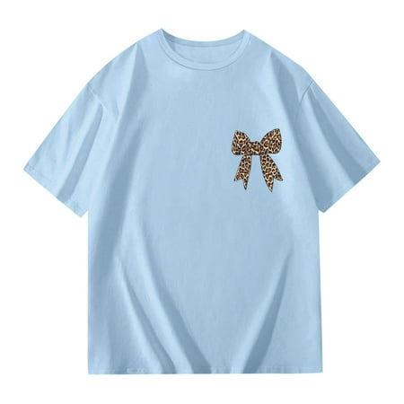 NAFUU Kids Girls T Shirts Summer Leopard Bowknot Prints Tees For Kids Lightweight Casual Short Sleeve Crewneck Top Breathable Blouses For Girls Sizes 5-6 Years