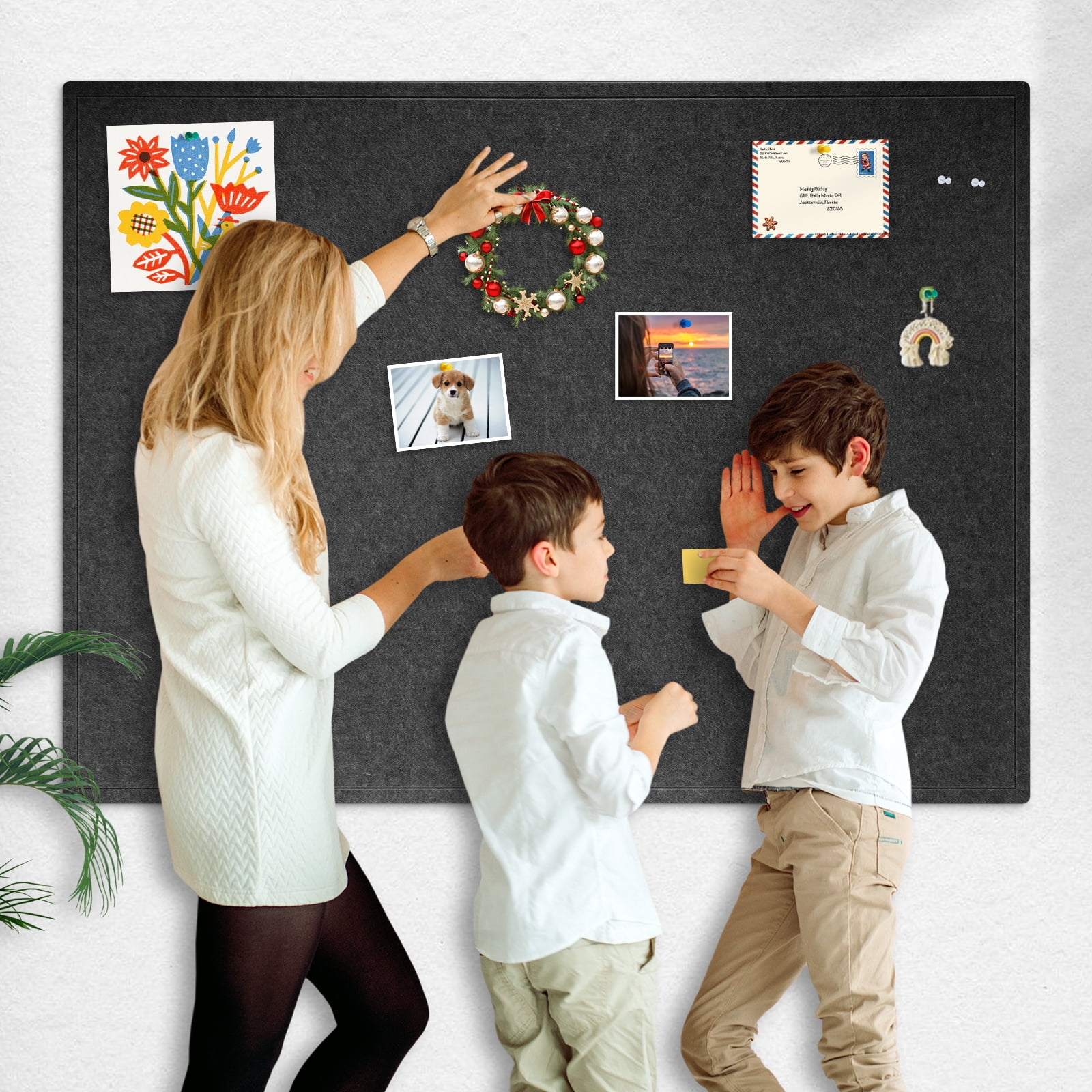 60"x36" Black Large Bulletin Board Decorative Foldable Felt Pin Board Square Felt Wall Tiles Photo Display Board for Wall Cork Boards DIY Vision Board with Self-Adhesive Tape Home School Office Decor
