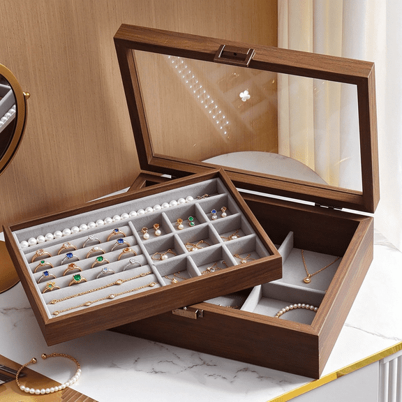 Walnut Jewelry Box with Glass Lid, 2-Layer Wooden Jewelry Organizer for Women, Dustproof Ring Earring Necklace Bracelet Storage Display Case, Rustic Vanity Decor Gift