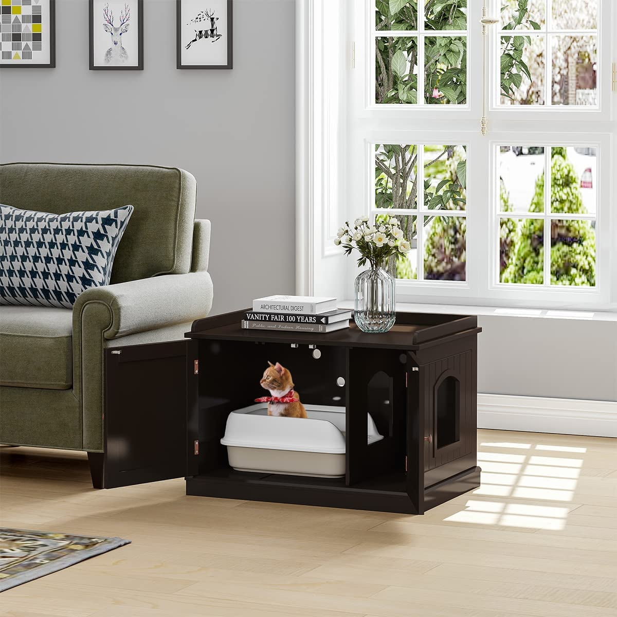 PAWLAND Lager Cat Washroom Storage Bench,cat Litter Box Enclosures -Espresso