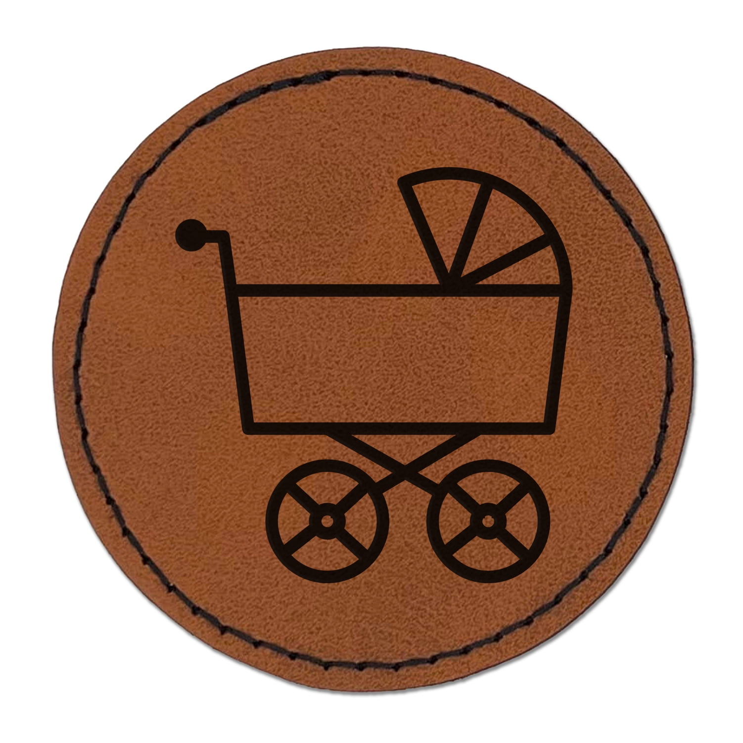 Baby Carriage Pram Stroller 2.5" Faux Leather Round Engraved Iron-On Patch - Brown