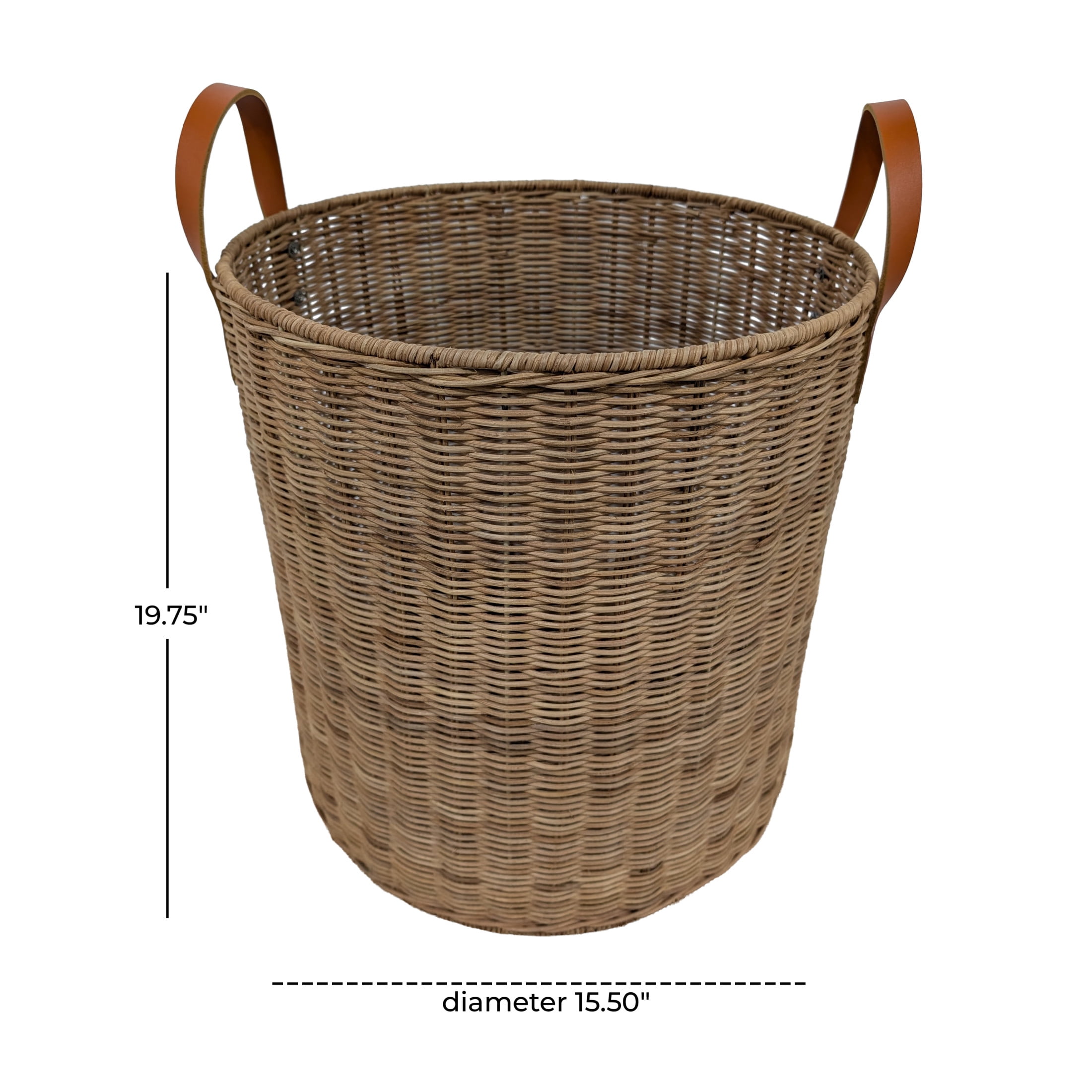 DecMode 16" x 20" Brown Rattan Handmade Woven Storage Basket with Leather Handles, 1-Piece