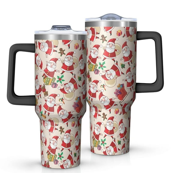 Beige Christmas Santa and Gift Pattern Tumbler with Handle and Lid,40oz Double Wall Vacuum Insulated Tumbler,Cups Gift for Women and Men